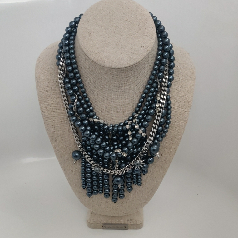 New!Sam Edelman Elegant Multi-Strand Graphite and Silvertone Maximalist Necklace
